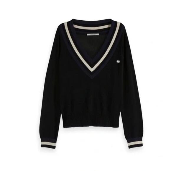 Scotch & Soda Varsity V-Neck Sweater M Black Cream Navy Sparkle Detail $148 - Picture 4 of 6